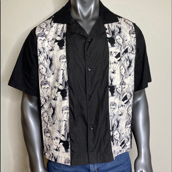 harry potter bowling panel button up shirt black white size medium - Picture 1 of 11